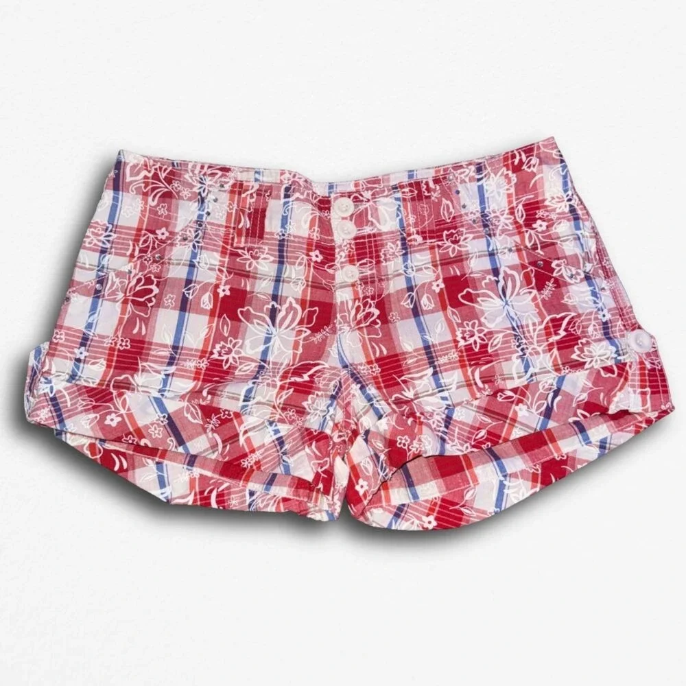 Size 7 Y2K Plaid Rhinestone Red Blue White Bongo Mini Shorts - Picture 1 of 3